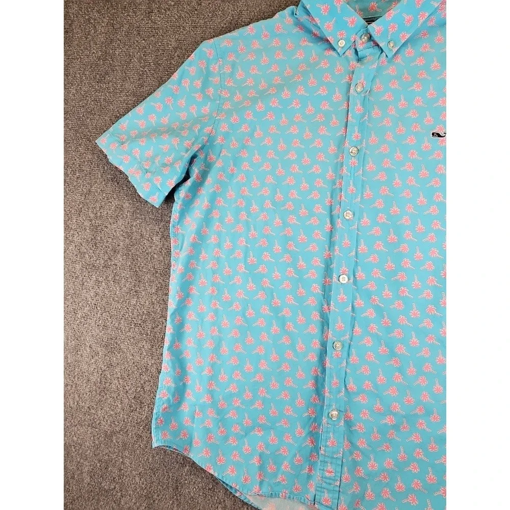 Vineyard Vines Mens L Slim Fit Whale Shirt Blue Pink PalmTrees Short Sleeve 1392 - Picture 5 of 13
